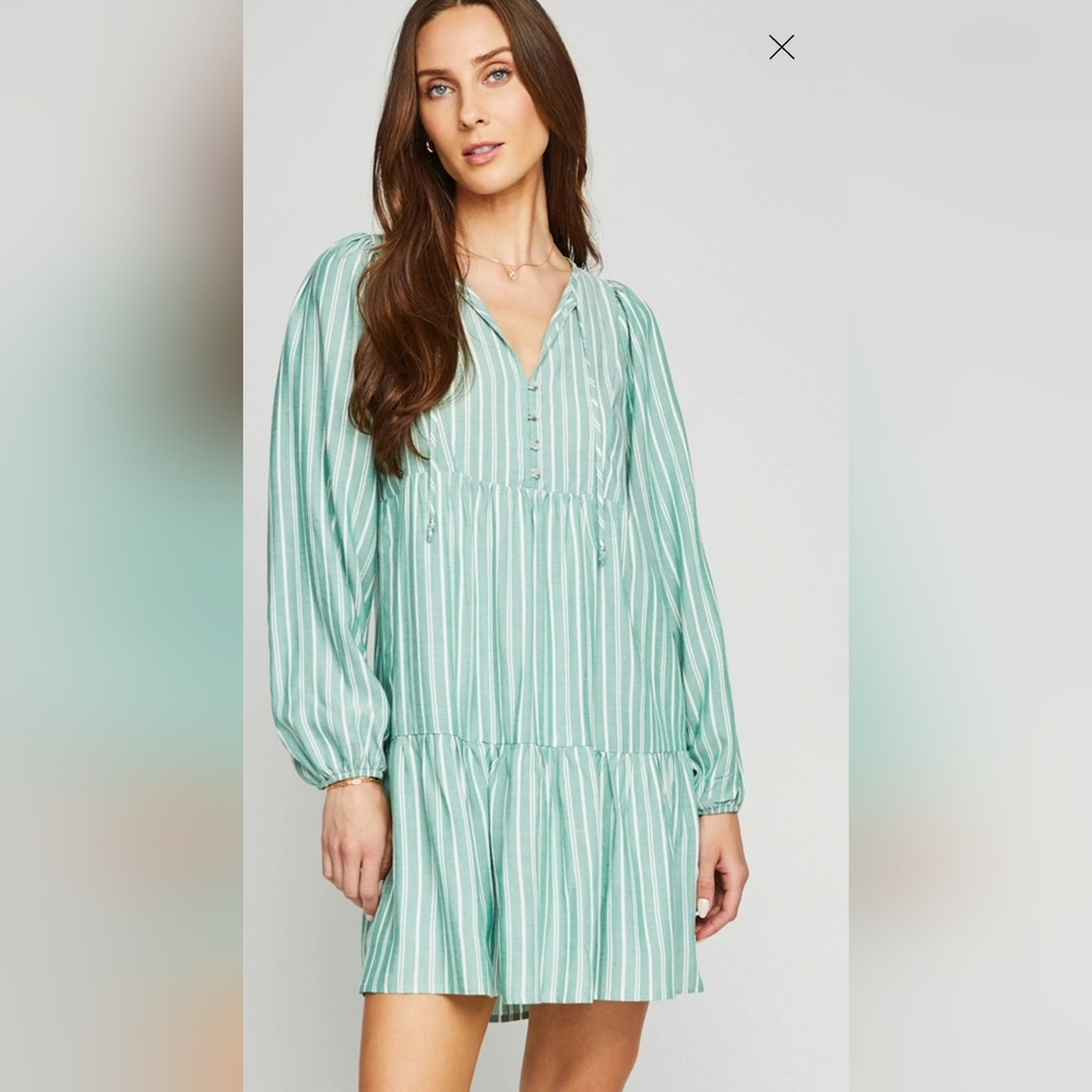 EUC Gentle Fawn Green Stripe Emily long Sleeve Mini Dress sz Medium
